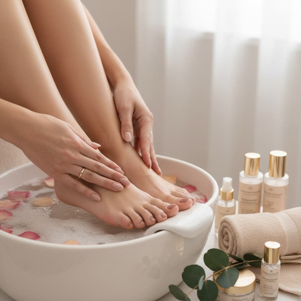 Warm floral herbal foot soak in white bowl with spa care products