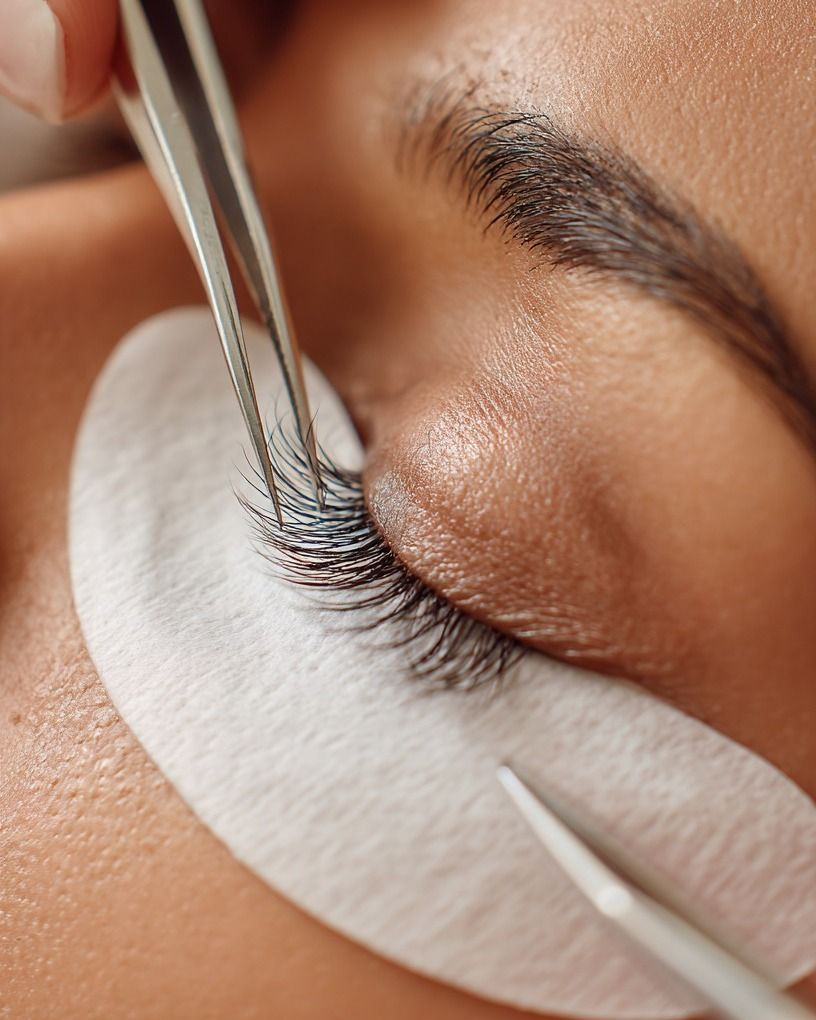 Dense curved black eyelash extensions enhancing brown eye look