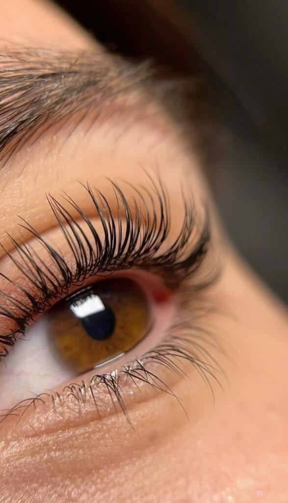 Dense curved black eyelash extensions enhancing brown eye look
