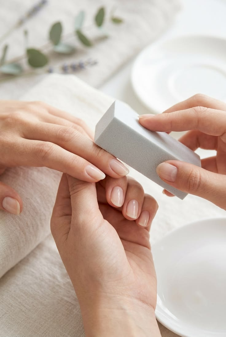 Buffing natural fingernail surface with soft grey buffer block