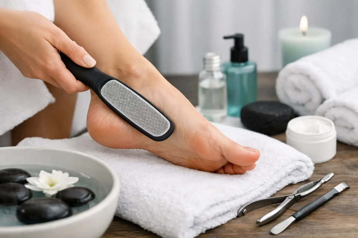 Smoothing foot calluses with professional heel rasp during spa pedicure