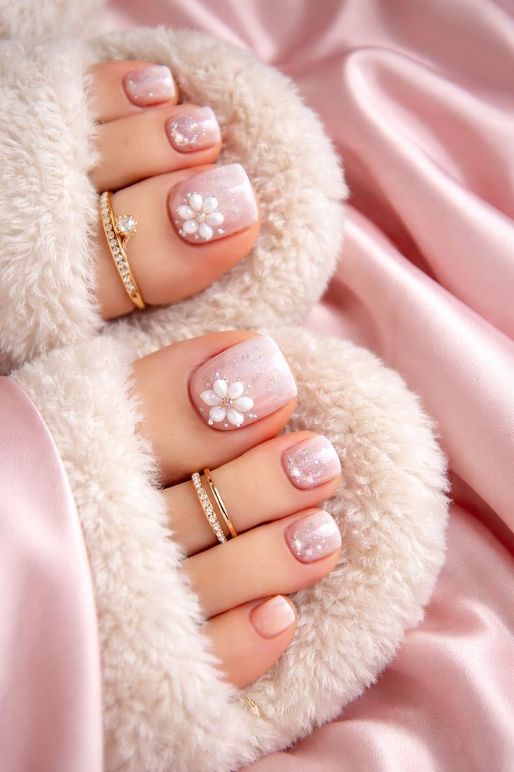 Pink glitter pedicure with 3D white flower design