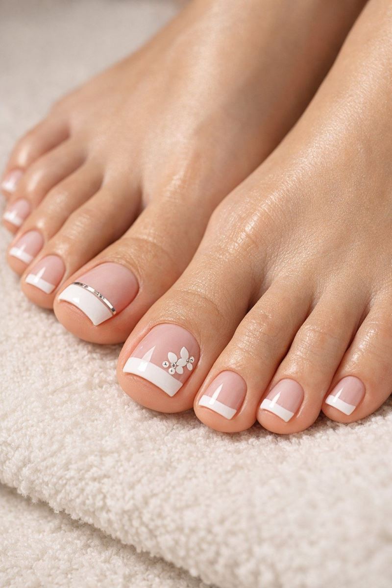 Classic French pedicure with white flower nail art