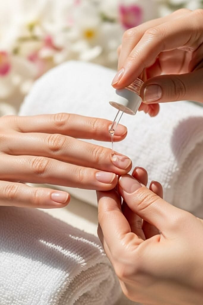 Applying nourishing cuticle oil dropper onto natural fingernails