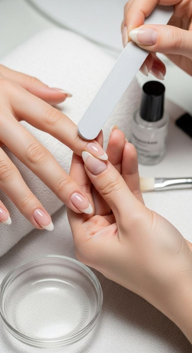 Nail technician shaping almond nails for a French manicure