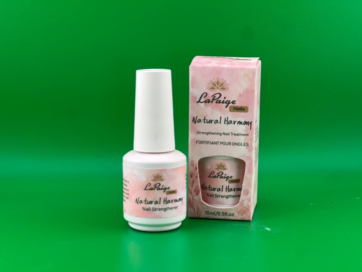 La Paige Nails Natural Harmony strengthening nail treatment bottle and box